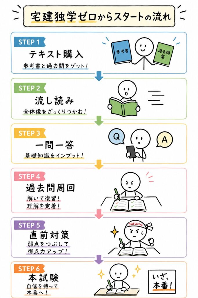 宅建独学ゼロからスタートの流れ6ステップ。テキスト購入、流し読み、一問一答、過去問周回、直前対策、本試験
