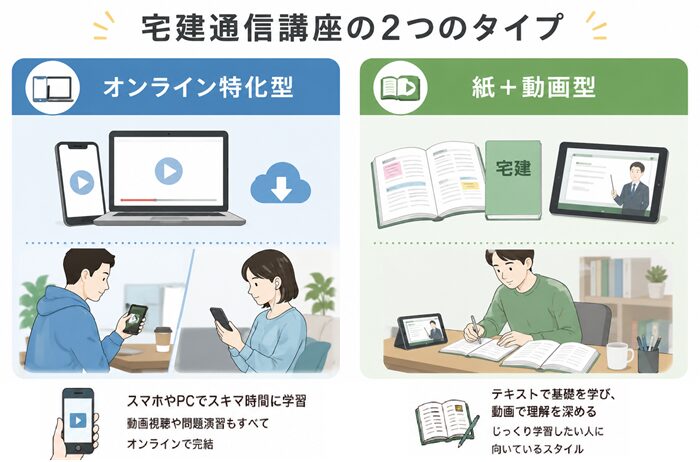 宅建通信講座のオンライン特化型と紙＋動画型を比較した図解。スマホ学習中心のスタイルと、テキスト＋動画講義で学ぶスタイルの違いのイラスト